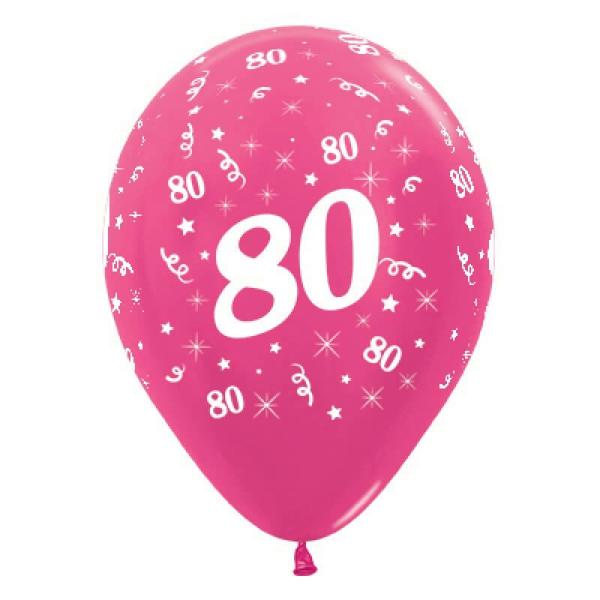 30Cm Age 80 Metallic Fuchsia Latex Balloons 6Pk  |   Printed Balloons