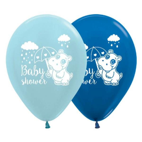 30Cm Baby Shower Hippo Blue Latex Balloons 6Pk  |   Printed Balloons