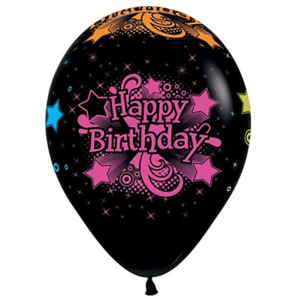 30Cm Happy Birthday Fashion Black & Neon Latex Balloons 12Pk  |   Neon Balloons