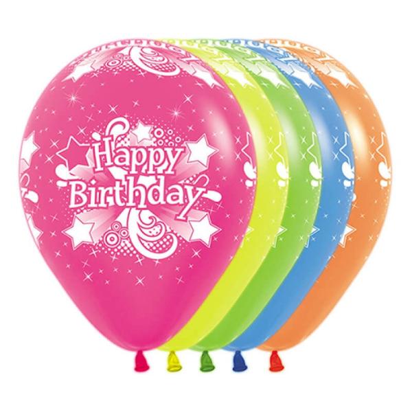 30Cm Happy Birthday Neon Party Assorted Latex Balloons 12Pk  |   Neon Balloons