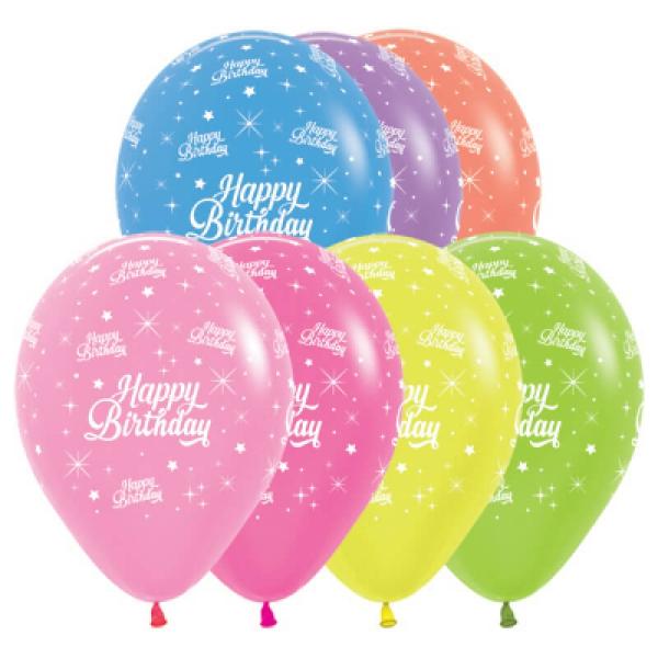 30Cm Happy Birthday Neon Party Assorted Latex Balloons 25Pk  |   Neon Balloons