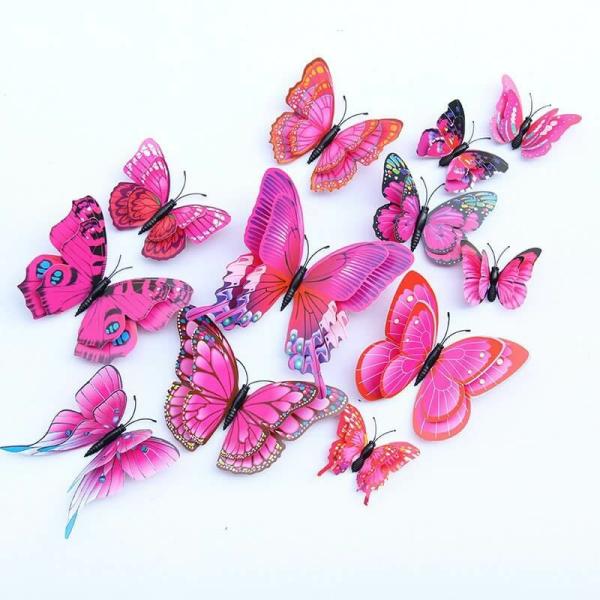 3D Hot Pink Butterfly Magnetic Stickers 12 Pack  |   3D Butterfly Stickers