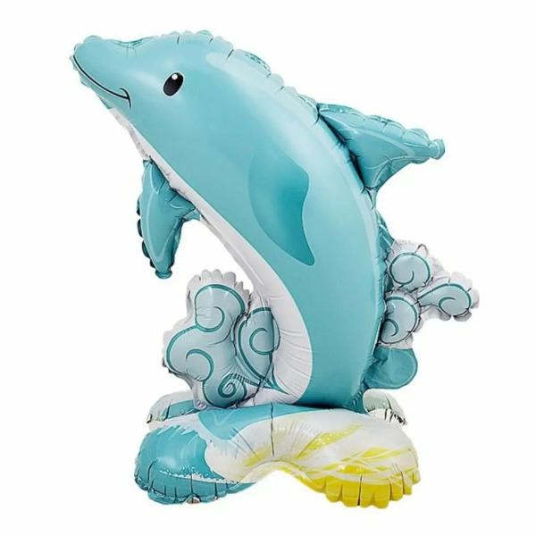 3D Standing Blue Dolphin On Wave Foil Balloon  |   Shaped Balloons