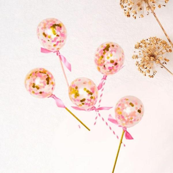 5-Inch Mini Gold Pink Confetti Balloon Wands 5Pk  |   Mini Balloons