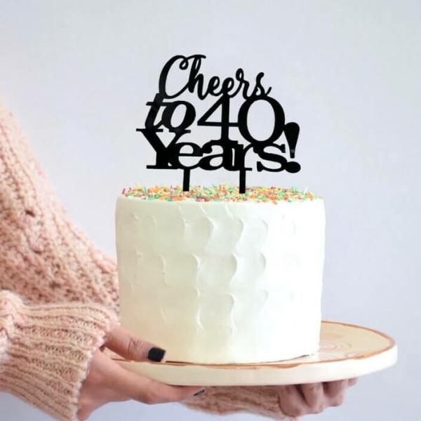 Acrylic Black ‘Cheers To 40 Years!’ Cake Topper  |   Script Numbers