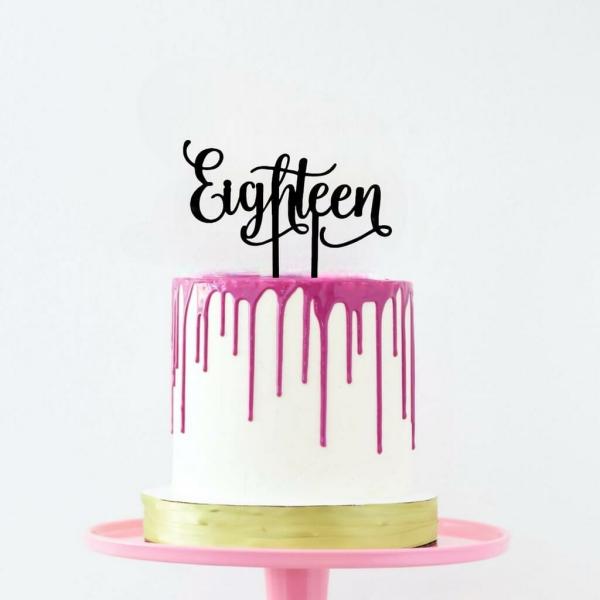 Acrylic Black ‘Eighteen’ Script Birthday Cake Topper  |   Birthday