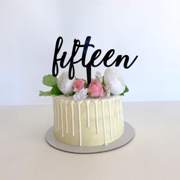 Acrylic Black ‘Fifteen’ 15Th Birthday Cake Topper  |   Script Numbers