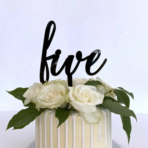 Acrylic Black ‘Five’ 5Th Birthday Cake Topper  |   Script Numbers