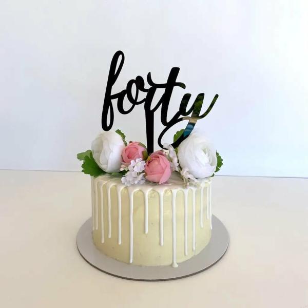 Acrylic Black ‘Forty’ Script Birthday Cake Topper  |   Age