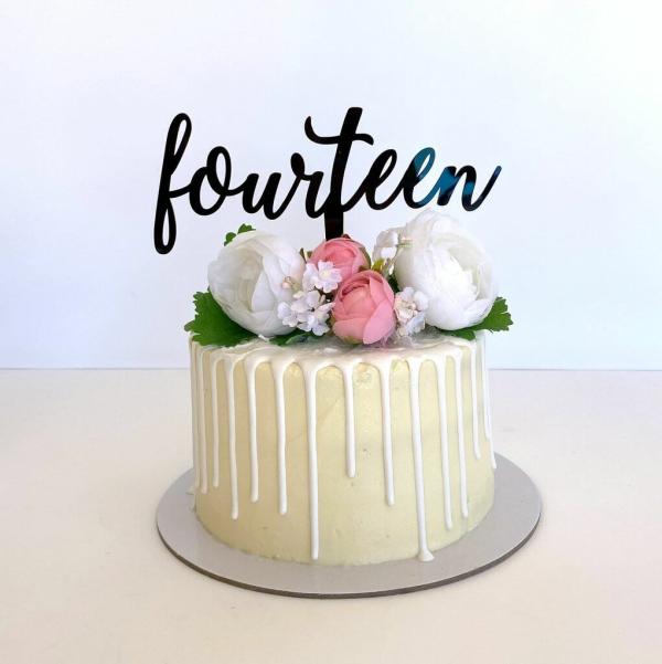 Acrylic Black "Fourteen" Birthday Cake Topper  |   Script Numbers