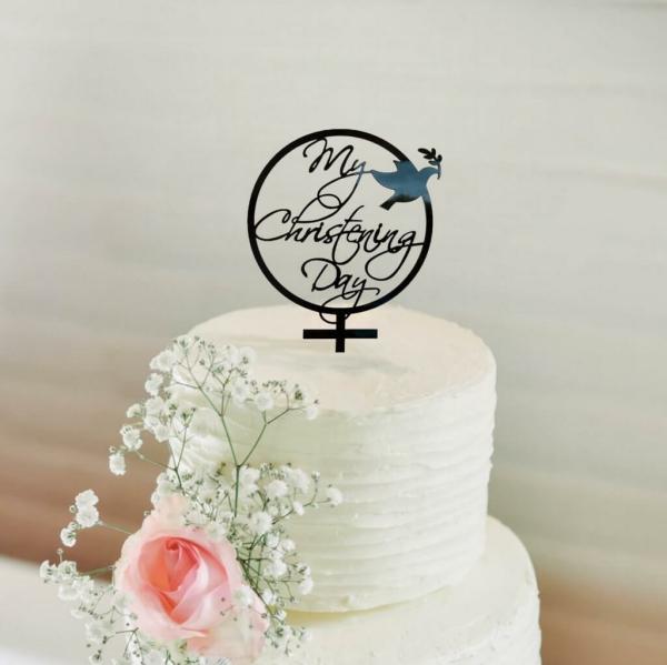 Acrylic Black ‘My Christening Day’ Dove Cake Topper  |   Christening