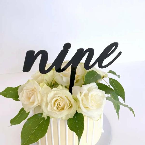 Acrylic Black ‘nine’ 9Th Birthday Cake Topper  |   Script Numbers