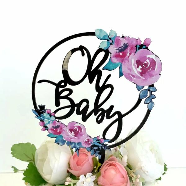 Acrylic Black ‘Oh Baby’ Floral Loop Cake Topper  |   Baby Shower