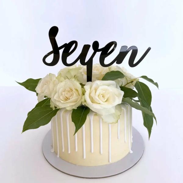 Acrylic Black ‘seven’ Script Birthday Cake Topper  |   Script Numbers