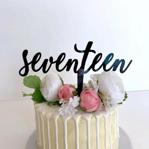 Acrylic Black ‘seventeen’ Script Birthday Cake Topper  |   Script Numbers