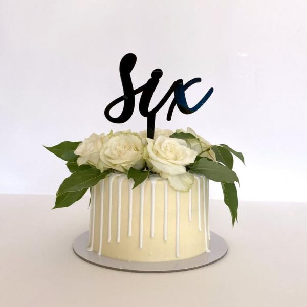 Acrylic Black ‘six’ Script Birthday Cake Topper  |   Age