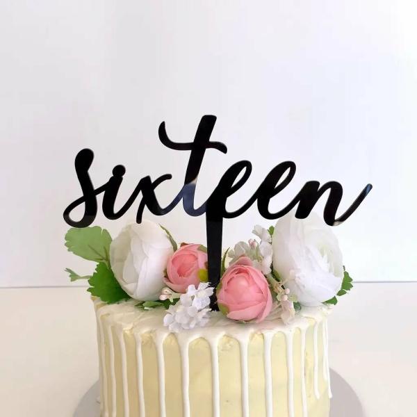 Acrylic Black ‘sixteen’ Script Birthday Cake Topper  |   Script Numbers