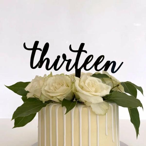 Acrylic Black ‘Thirteen’ Birthday Cake Topper  |   Script Numbers