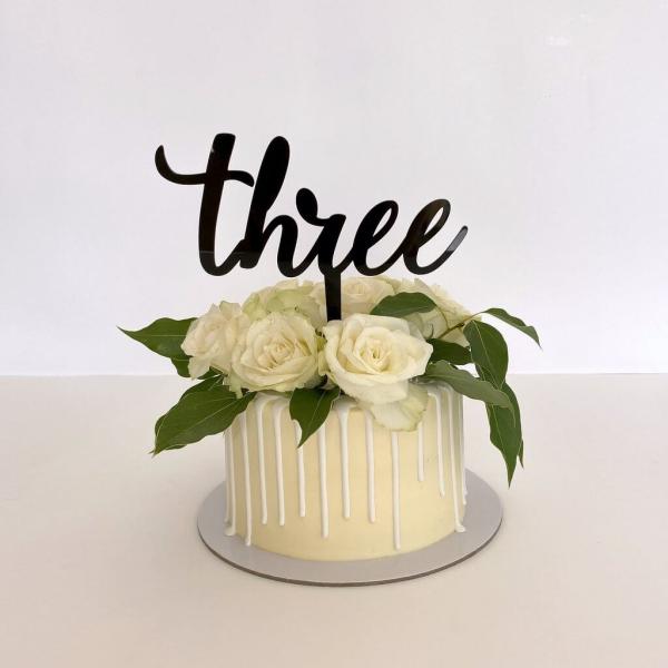 Acrylic Black ‘Three’ 3Rd Birthday Cake Topper  |   Script Numbers