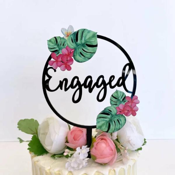 Acrylic Black Tropical Floral ‘Engaged’ Loop Cake Topper  |   Floral Wreath