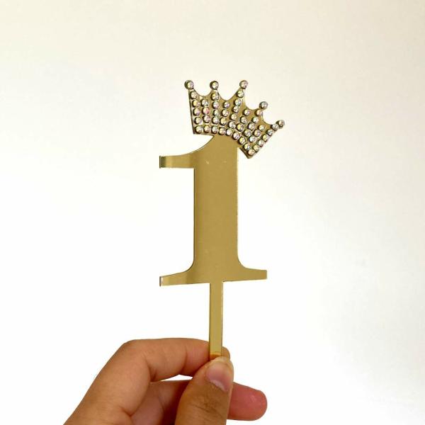 Acrylic Gold Age 1 Rhinestone Crown Cupcake Topper  |   Age