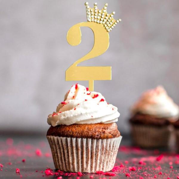 Acrylic Gold Age 2 Rhinestone Crown Cupcake Topper  |   Numbers