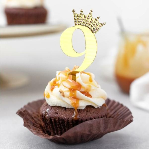 Acrylic Gold Age 9 Rhinestone Crown Cupcake Topper  |   Age