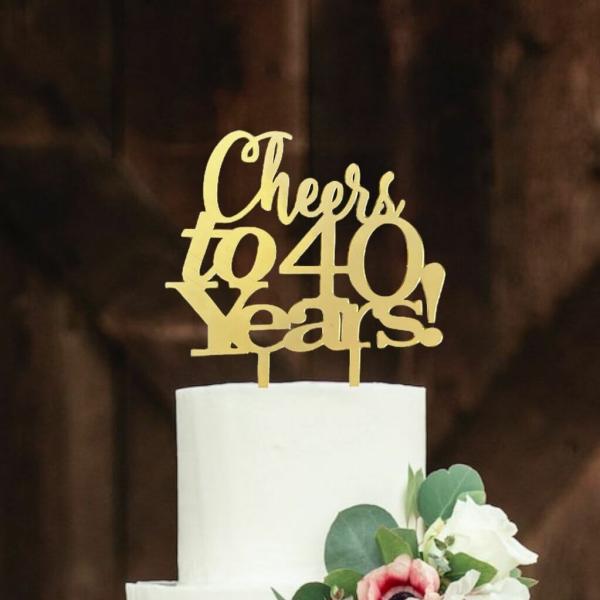 Acrylic Gold ‘Cheers To 40 Years!’ Cake Topper  |   Script Numbers