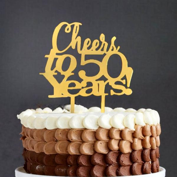 Acrylic Gold ‘Cheers To 50 Years!’ Cake Topper  |   Script Numbers