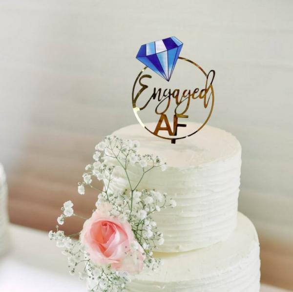 Acrylic Gold ‘Engaged Af’ With Blue Diamond Cake Topper  |   Engagement