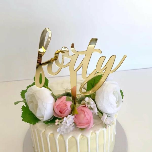 Acrylic Gold ‘Forty’ Script Birthday Cake Topper  |   Age