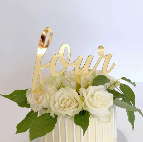 Acrylic Gold ‘Four’ 4Th Birthday Cake Topper  |   Script Numbers