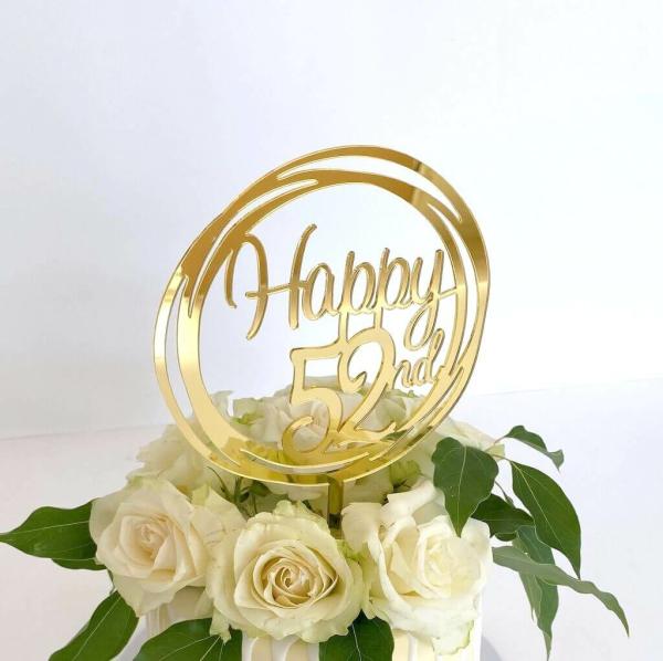 Acrylic Gold Geometric ‘Happy 52Nd’ Cake Topper  |   Birthday