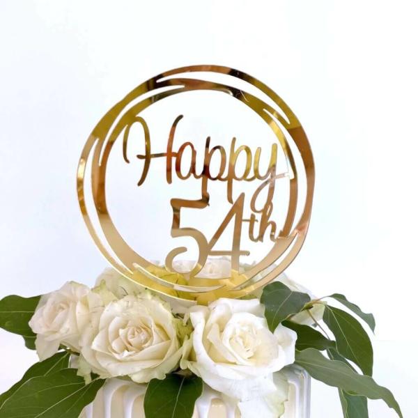 Acrylic Gold Geometric ‘Happy 54Th’ Cake Topper  |   Birthday