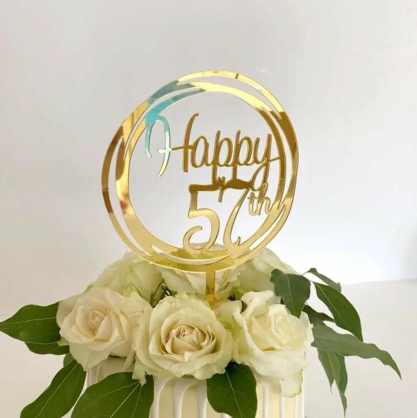 Acrylic Gold Geometric ‘Happy 57Th’ Cake Topper  |   Birthday