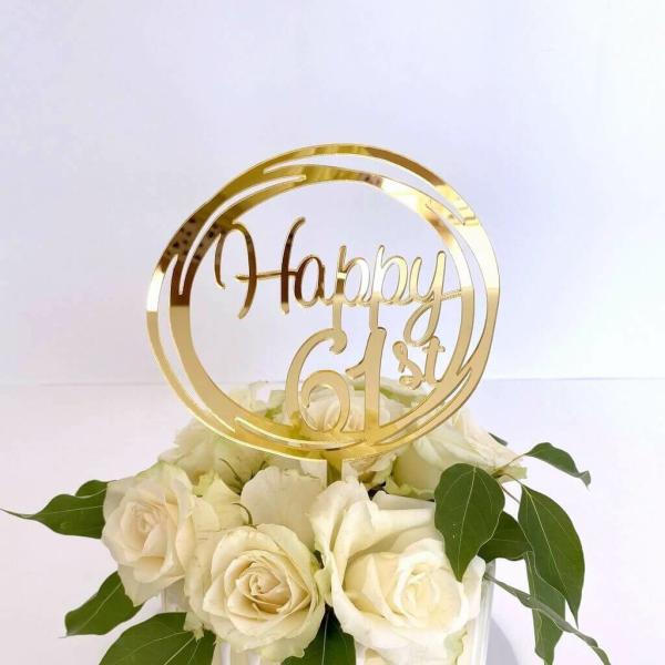 Acrylic Gold Geometric ‘Happy 61St’ Cake Topper  |   Birthday