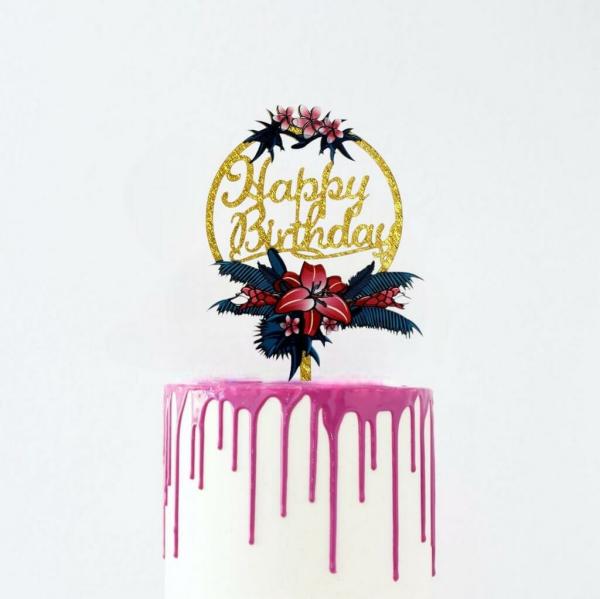 Acrylic Gold Glitter ‘Happy Birthday’ Floral Wreath Cake Topper  |   Floral Wreath