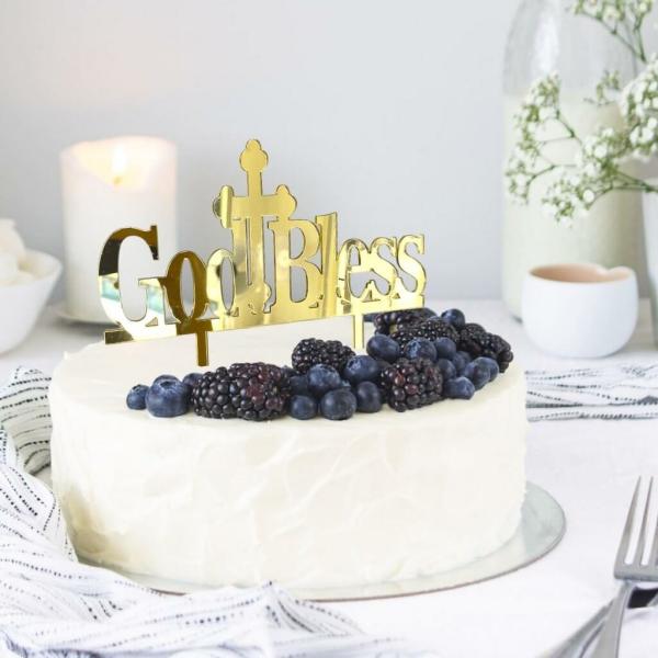 Acrylic Gold ‘God Blessed’ Cross Cake Topper  |   Christening