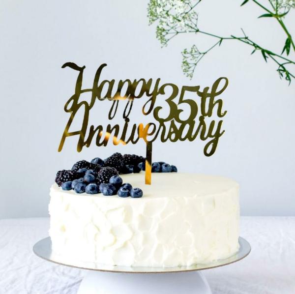 Acrylic Gold ‘Happy 35Th Anniversary’ Cake Topper  |   Anniversary