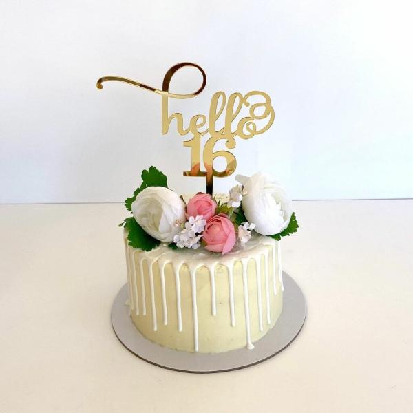 Acrylic Gold ‘Hello 16’ Birthday Cake Topper  |   Birthday