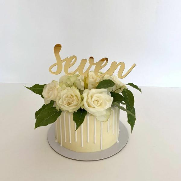 Acrylic Gold ‘seven’ Birthday Cake Topper  |   Script Numbers