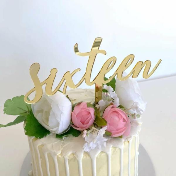 Acrylic Gold ‘sixteen’ Birthday Cake Topper  |   Age