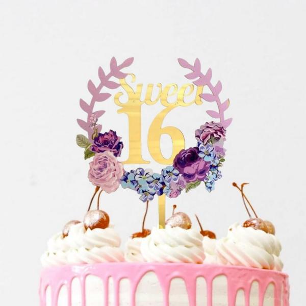 Acrylic Gold ‘sweet 16’ Floral Wreath Cake Topper  |   Birthday