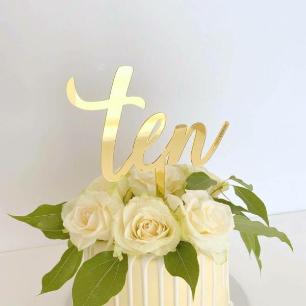 Acrylic Gold ‘Ten’ 10Th Birthday Cake Topper  |   Birthday