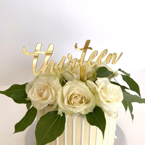 Acrylic Gold ‘Thirteen’ Birthday Cake Topper  |   Script Numbers