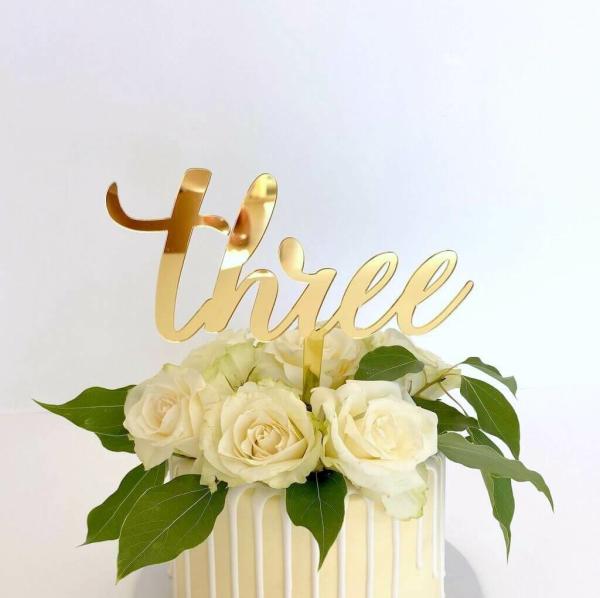 Acrylic Gold ‘Three’ 3Rd Birthday Cake Topper  |   Script Numbers