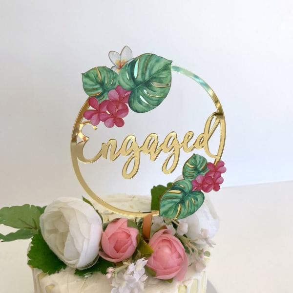 Acrylic Gold Tropical Floral ‘Engaged’ Loop Cake Topper  |   Engagement