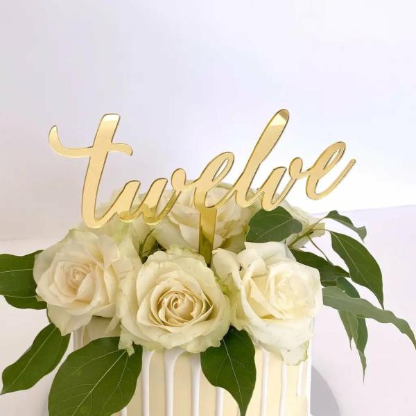 Acrylic Gold ‘Twelve’ Birthday Cake Topper  |   Script Numbers