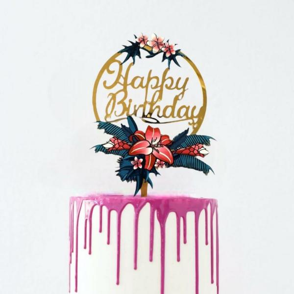 Acrylic ‘Happy Birthday’ Floral Wreath Cake Topper – Gold  |   First Birthday