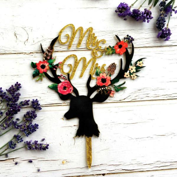 Acrylic ‘Mr & Mrs’ Floral Antler Cake Topper – Gold Glitter  |   Wedding